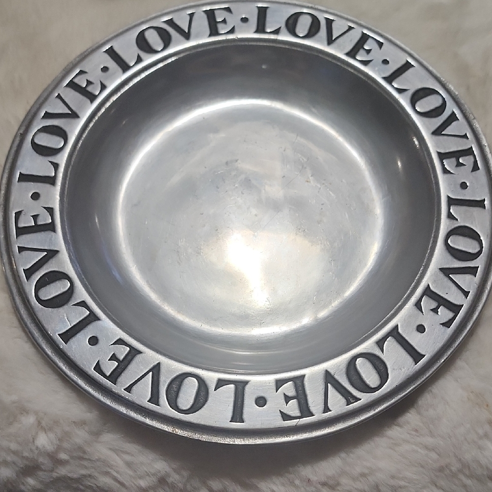 Silver Love Engraved Bowl. Wilton Armetale Pewter Plate.